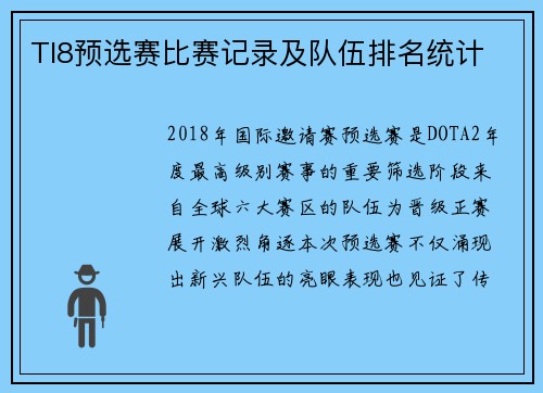 TI8预选赛比赛记录及队伍排名统计