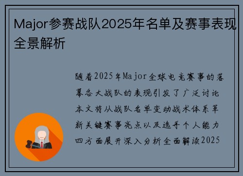 Major参赛战队2025年名单及赛事表现全景解析