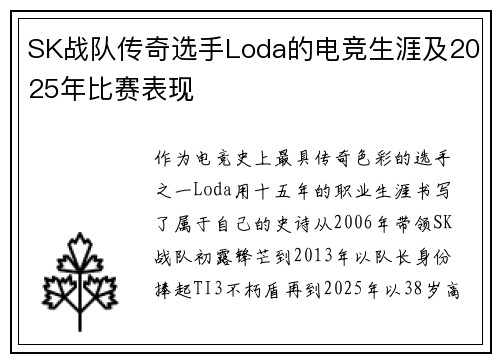 SK战队传奇选手Loda的电竞生涯及2025年比赛表现